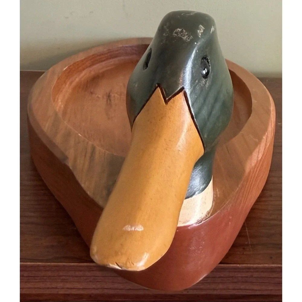 Vintage HandCarved & Painted Wooden Mallard Duck Decoy Catchall Tray Bowl 19.5